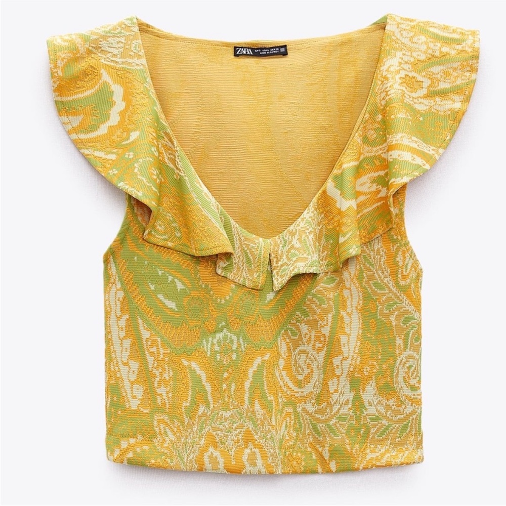 NWT ZARA PAISLEY PRINT RUFFLE TOP BLOUSE YELLOW GREEN